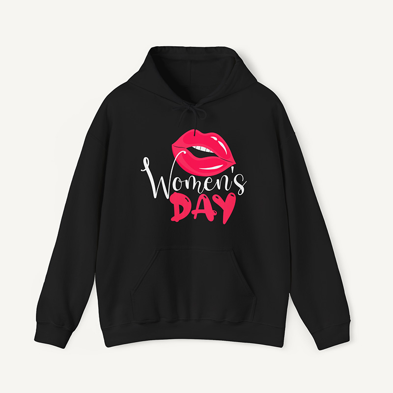 Women's Day Hoodie -Bold Lips Graphic Sweatshirt for Women - Black