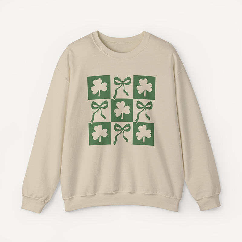 Retro Checkered St. Patrick’s Day Sweatshirt, Lucky Clover Graphic Pullover - sand 1