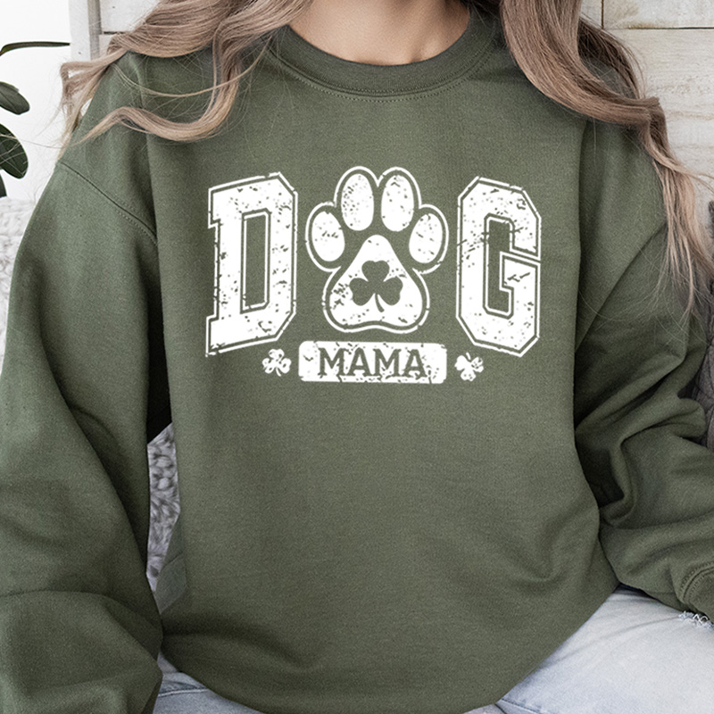 St. Patrick’s Day Dog Mama Sweatshirt, Cute Lucky Clover Paw Print Pullover for Dog Lovers