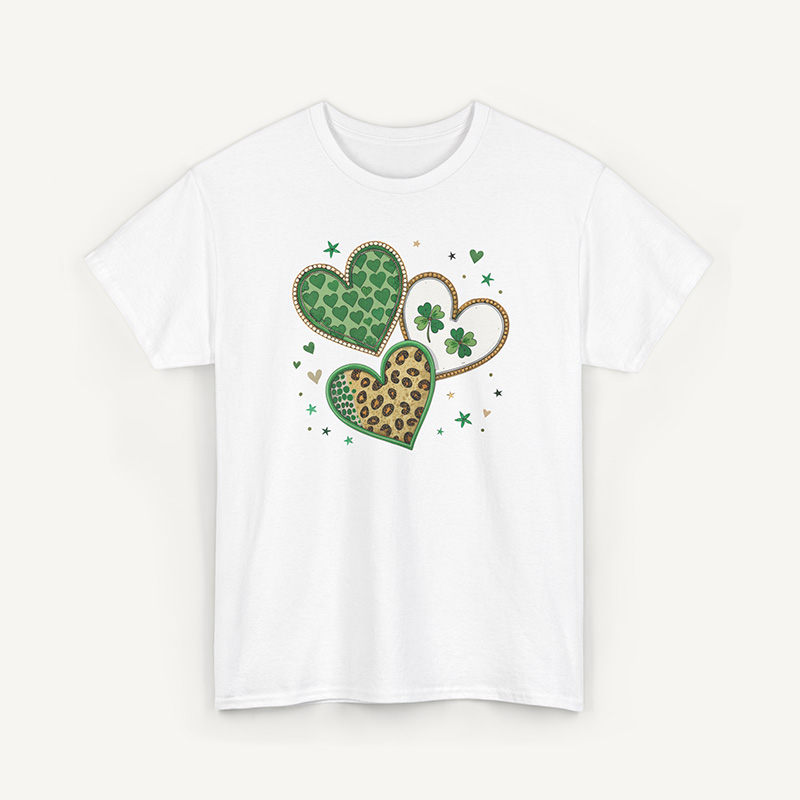 St. Patrick’s Day Green Hearts T-Shirt, Lucky Clover & Leopard Print Tee - white 1