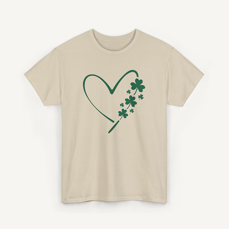 St. Patrick’s Day Heart and Clovers T-Shirt, Lucky Irish Shamrock Tee - sand 1